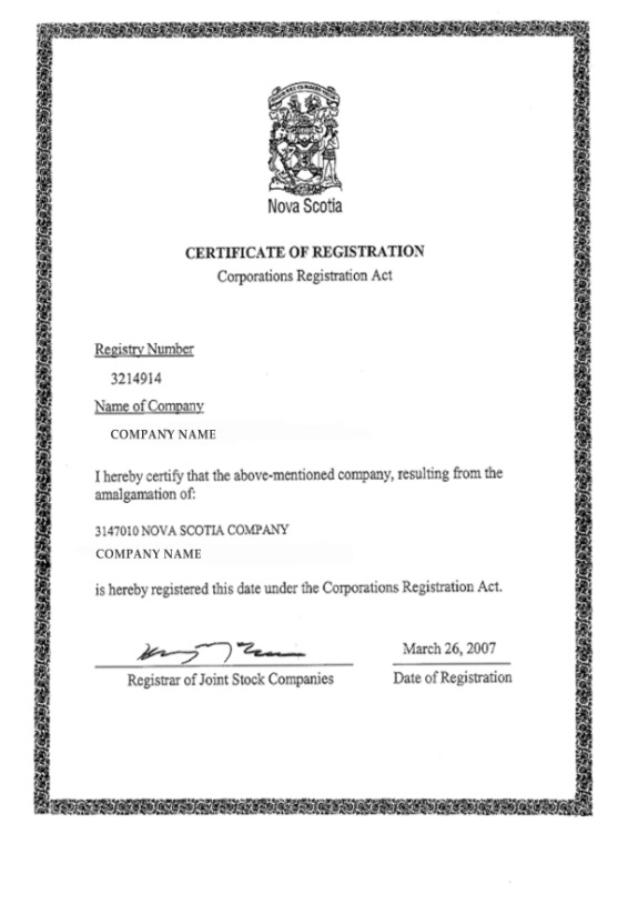 Nova Scotia Certificate of Registration